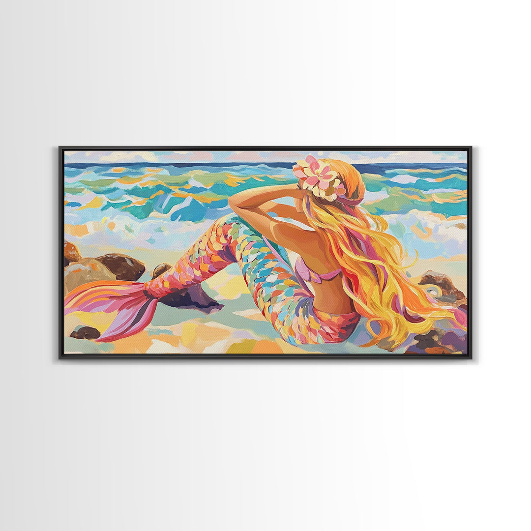Blonde Mermaid On Sunny Beach Canvas Print, Fantasy Wall Art, Coastal Ocean Decor, Whimsical Nursery Or Bathroom Decor Gift