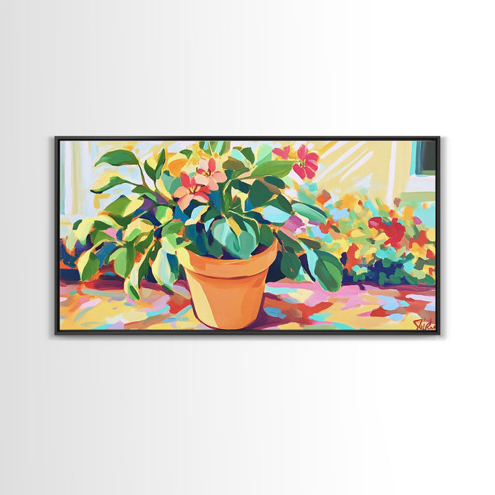 Potted Citrus Tree With Pink Flowers Canvas Print, Botanical Wall Art, Garden Decor, Bright Living Room Home Decor Gift Idea