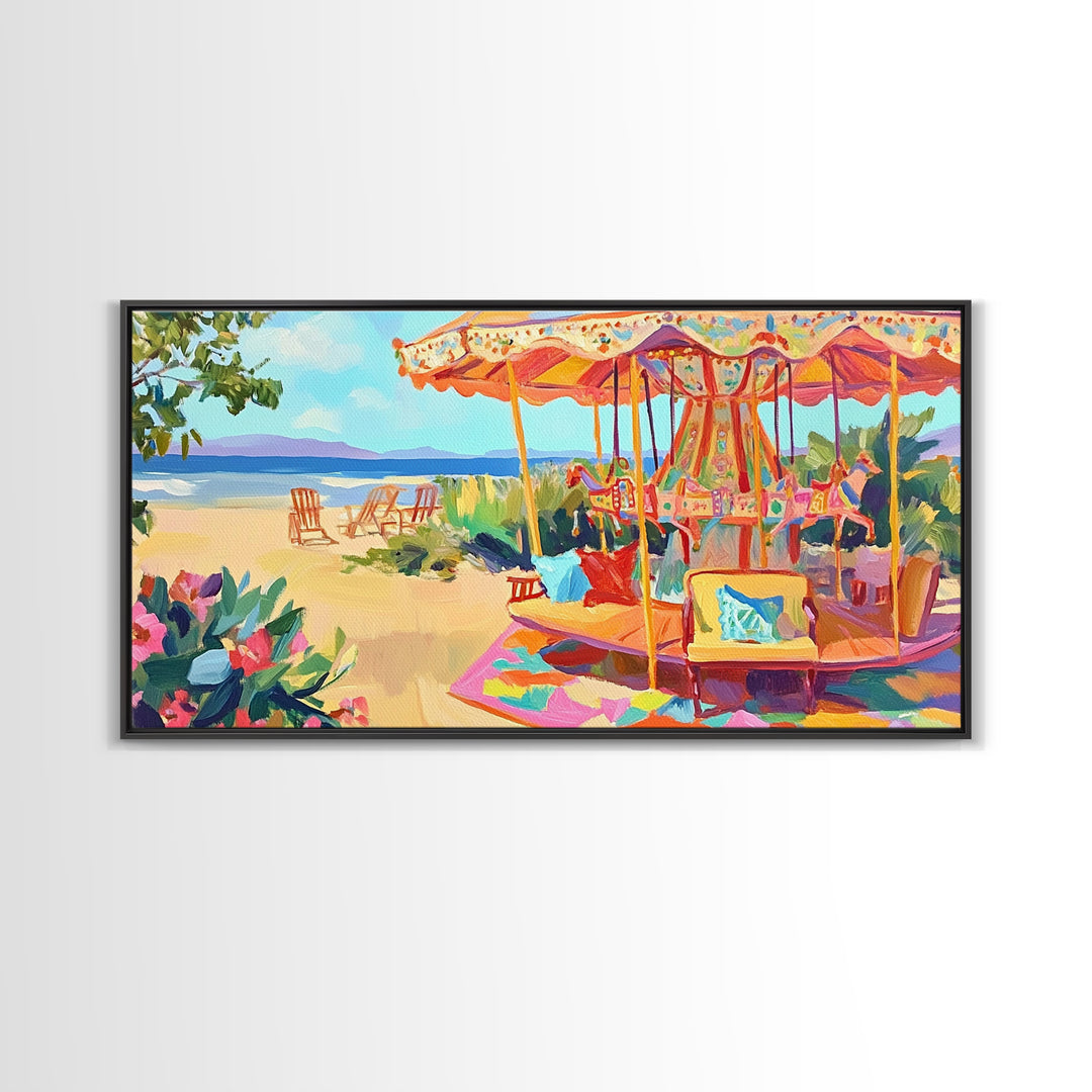 Beachside Carousel With Ocean Chairs Framed Canvas Print, Coastal Wall Art, Summer Beach Decor, Colorful Living Room Art