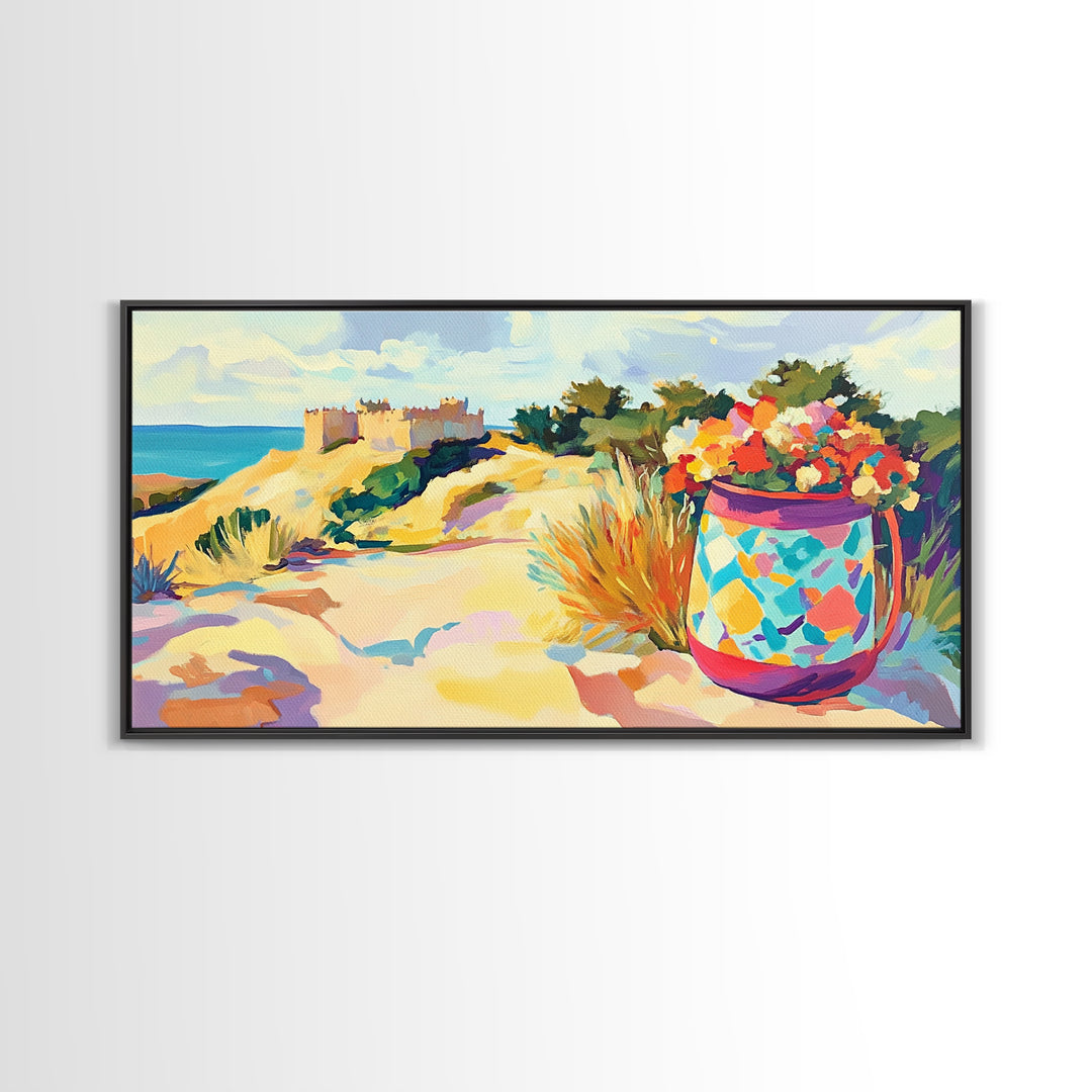 Seaside Dunes Castle And Mosaic Flower Pot Canvas Print, Coastal Wall Art, Beach House Decor, Summer Landscape Art Print