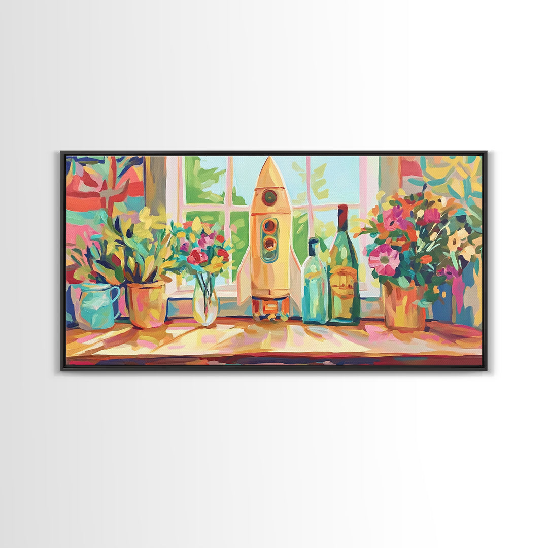Retro Rocket On Sunny Windowsill With Plants Canvas Print, Space Wall Art, Kids Room Decor, Colorful Nursery Art Print Gift
