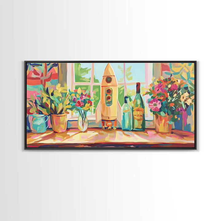 Retro Rocket On Sunny Windowsill With Plants Canvas Print, Space Wall Art, Kids Room Decor, Colorful Nursery Art Print Gift