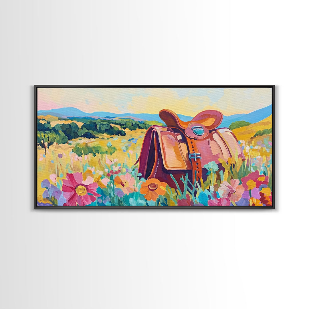 Western Saddle In Wildflower Meadow Wall Art, Cowgirl Canvas Print, Colorful Landscape Art, Rustic Ranch Home Decor Gift