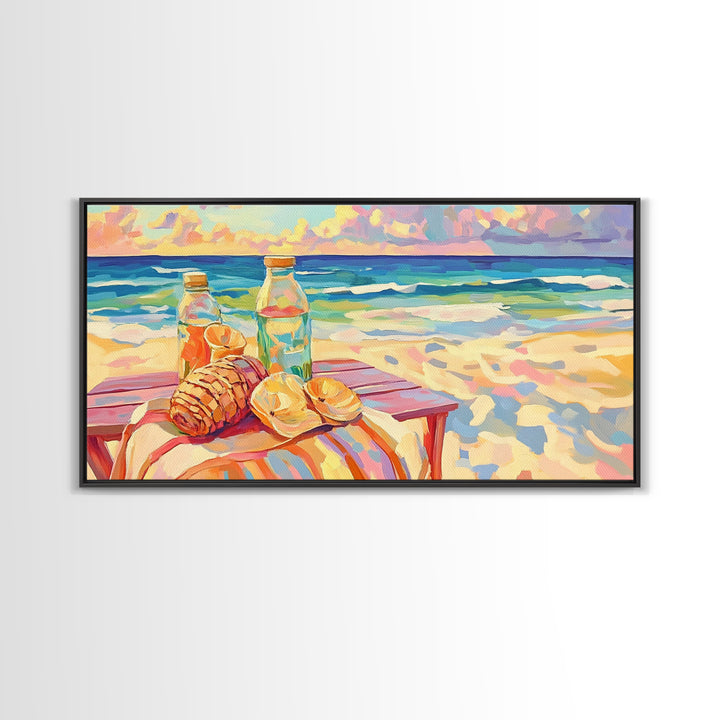 Beach Picnic With Croissants And Bottles Canvas Print, Coastal Wall Art, Ocean Seascape Art, Summer Kitchen Decor Gift For Her