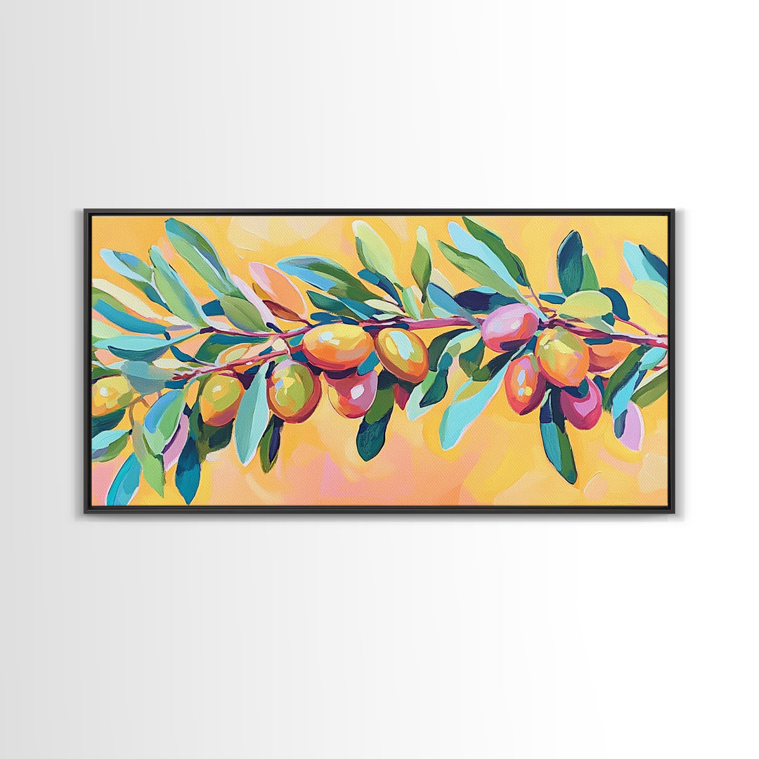 Olive Branch With Green Leaves And Golden Fruit Wall Art, Mediterranean Canvas Print, Botanical Kitchen Decor Gift For Her