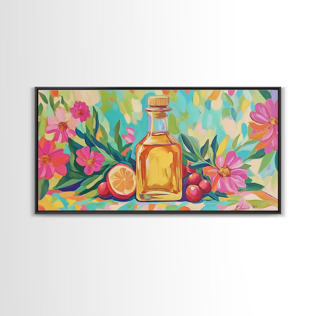 Olive Oil Bottle With Lemon And Pink Flowers Canvas Print, Mediterranean Wall Art, Botanical Kitchen Home Decor Gift For Her