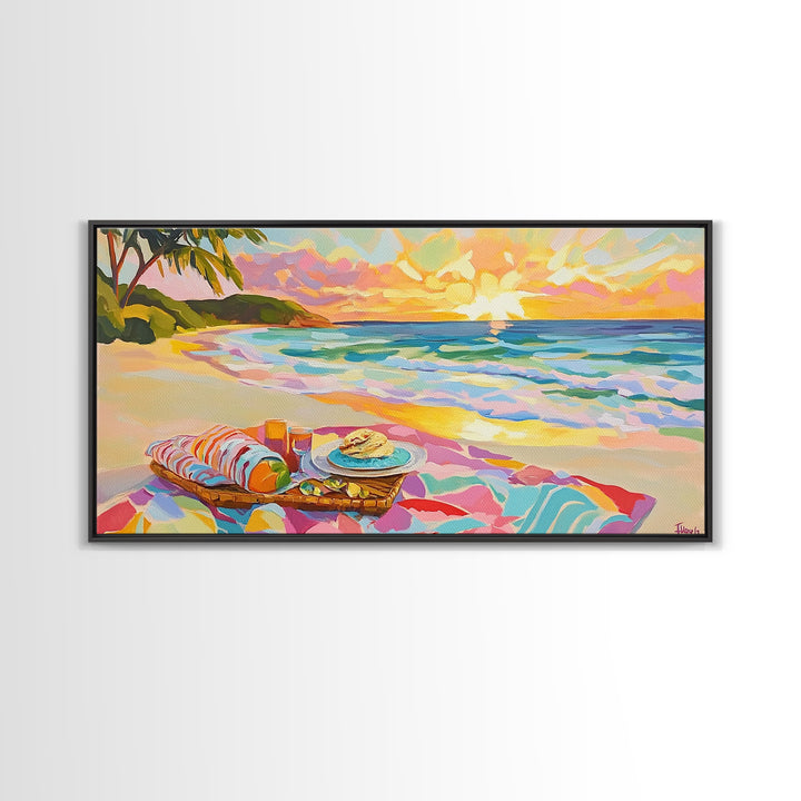 Tropical Beach Picnic At Sunset Canvas Print, Coastal Wall Art, Ocean Decor, Beach House Decor, Summer Wall Art, Gift For Her