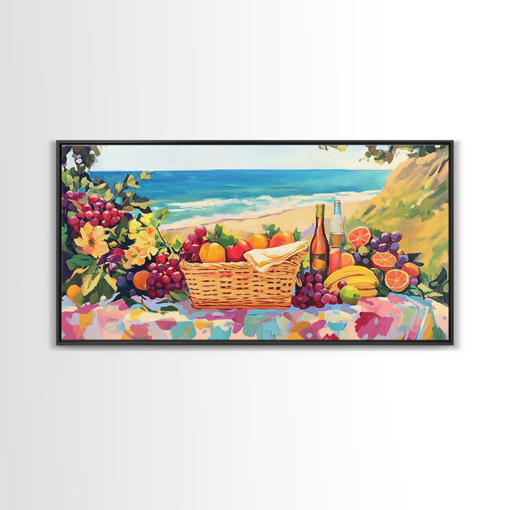 Seaside Picnic Basket Framed Canvas Print, Coastal Wall Art, Fruit And Wine Still Life, Beach House Kitchen Decor Gift For Her