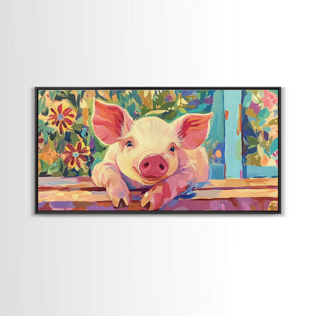 Piglet At Garden Fence Framed Canvas Print, Cute Farm Animal Wall Art, Floral Farmhouse Home And Nursery Decor, Gift For Her
