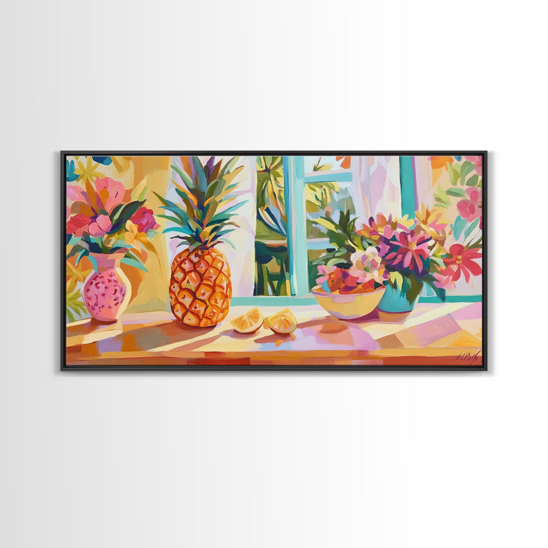 Pineapple And Tropical Flowers Canvas Print, Colorful Kitchen Wall Art, Summer Fruit Still Life, Coastal Home Decor Gift