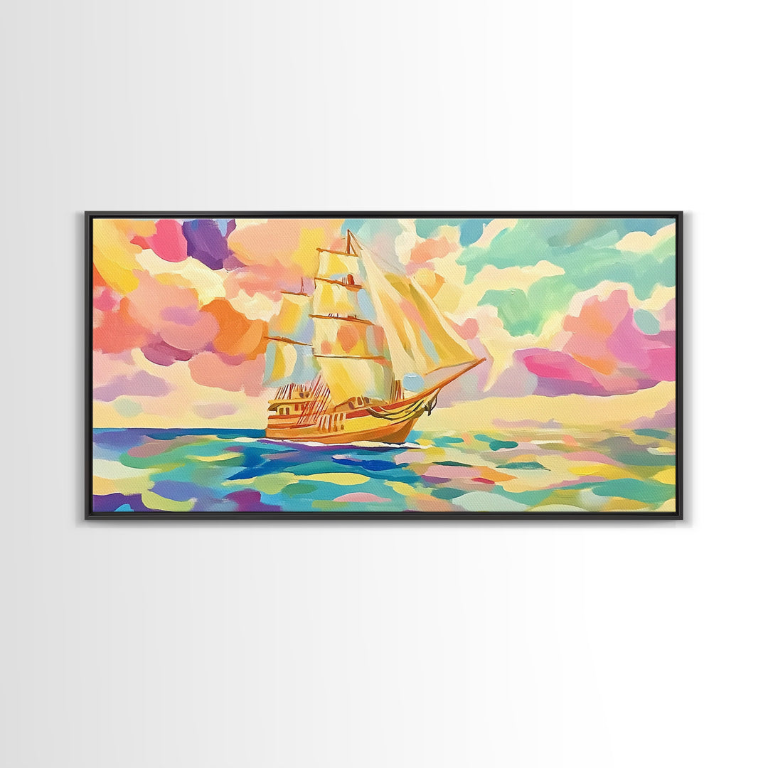 Pastel Sailboat On Turquoise Sea Canvas Print, Coastal Wall Art, Nautical Decor, Ocean Landscape, Beach House Gift For Living Room