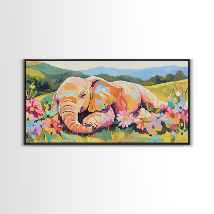 Sleeping Baby Elephant In Flower Meadow Framed Canvas Print, Safari Nursery Wall Art, Whimsical Animal Art, Kids Room Decor