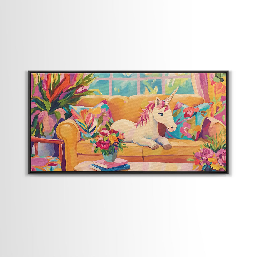 White Unicorn Lounging On Yellow Sofa Wall Art, Whimsical Nursery Art Print, Girls Room Decor, Fantasy Home Decor, Unique Gift