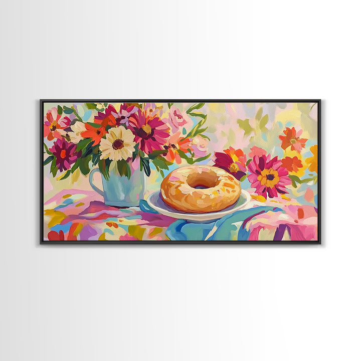 Glazed Donut And Garden Flowers Canvas Print, Bakery Wall Art, Cheerful Kitchen Decor, Colorful Breakfast Nook Art, Housewarming Gift