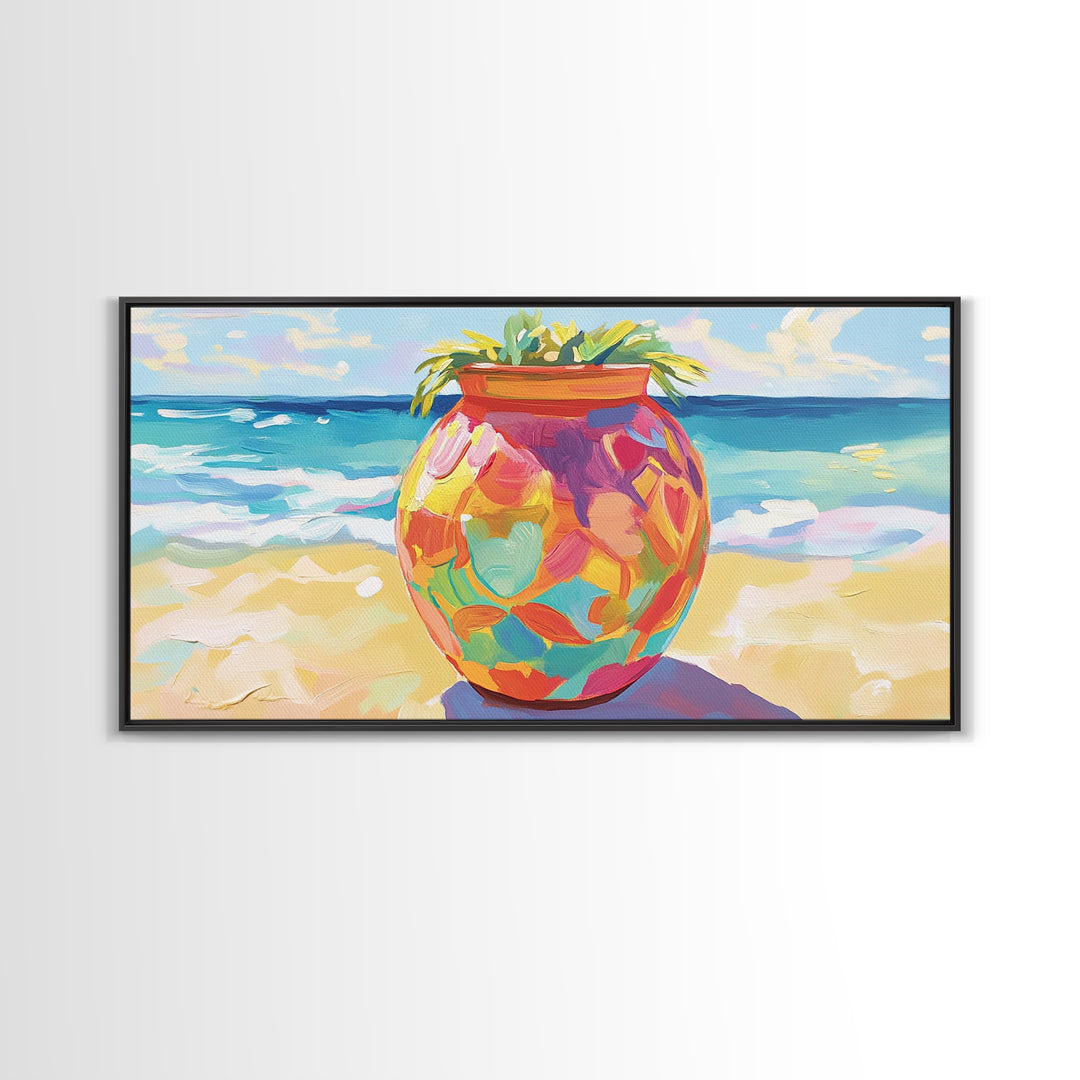 Painted Beach Planter With Ocean View Canvas Print, Coastal Wall Art, Tropical Beach House Decor, Colorful Summer Art Gift