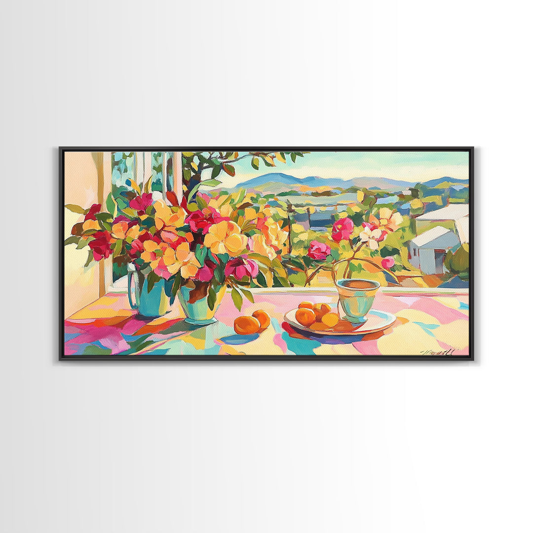 Sunny Terrace Flowers And Citrus Canvas Print, Mediterranean Wall Art, Italian Countryside Decor, Colorful Dining Room Print