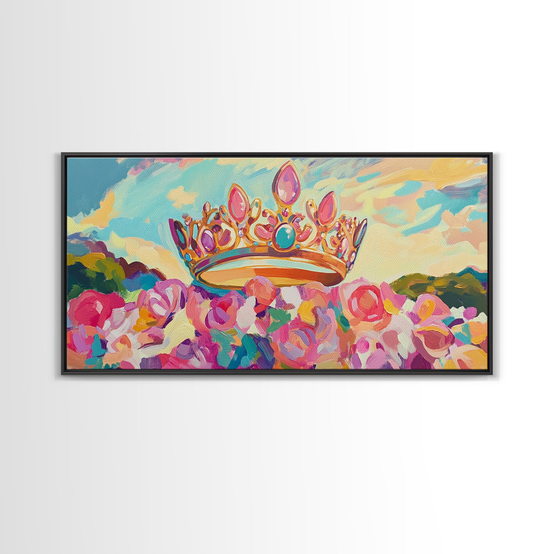 Jeweled Crown Over Pink Roses Canvas Print, Magical Princess Wall Art, Fairytale Nursery Decor, Whimsical Girls Room Gift