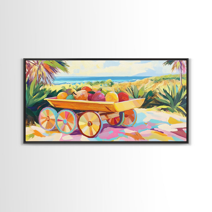 Tropical Fruit Cart By The Sea Canvas Print, Coastal Wall Art, Tropical Beach House Decor, Colorful Summer Kitchen Art Gift