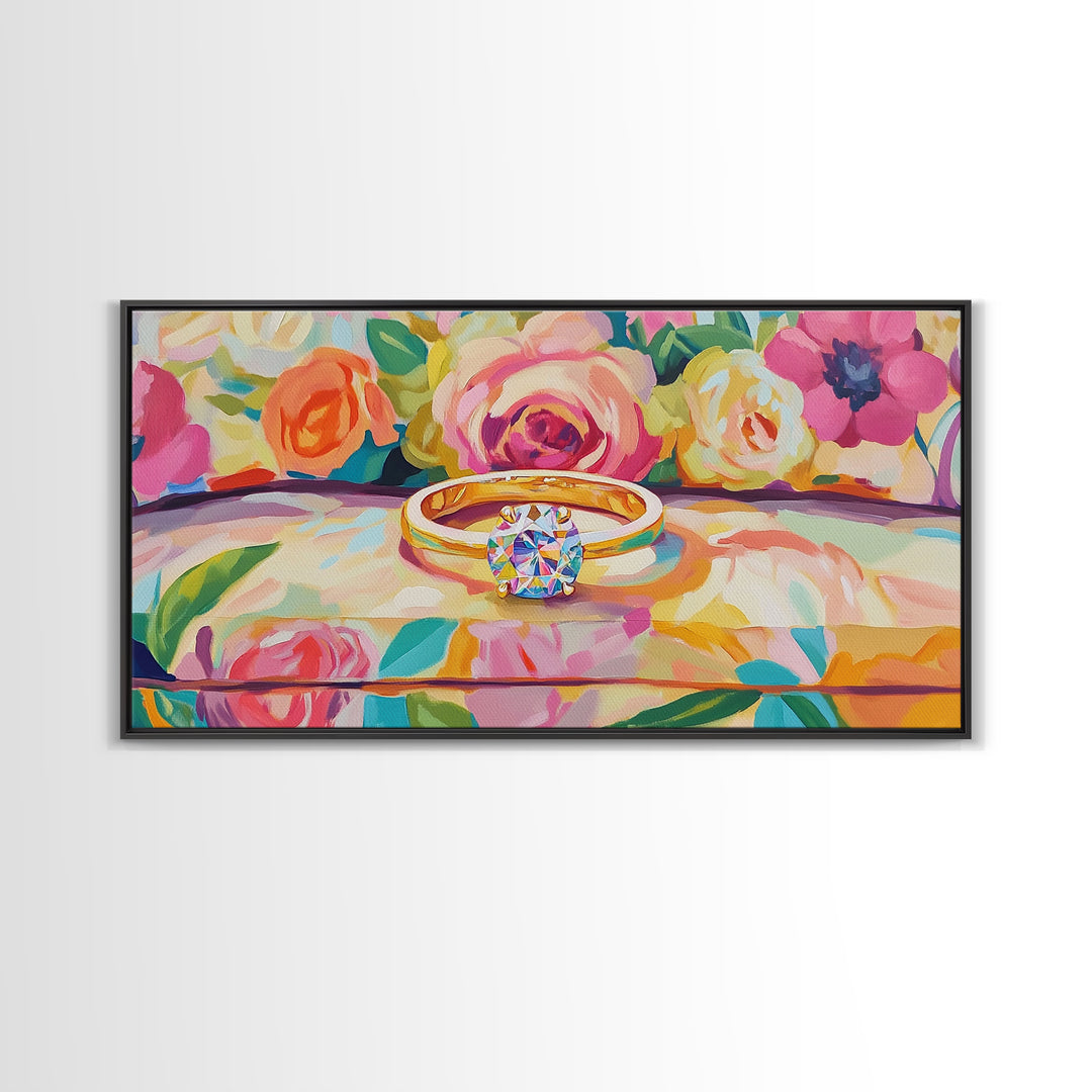 Diamond Engagement Ring With Roses Framed Canvas Print, Romantic Wall Art, Floral Wall Decor, Anniversary Wedding Gift For Her