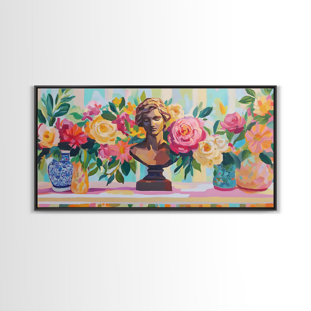 Classical Bust With Roses Framed Canvas Print, Floral Wall Art, Romantic Garden Decor, Feminine Living Room Art Gift For Her