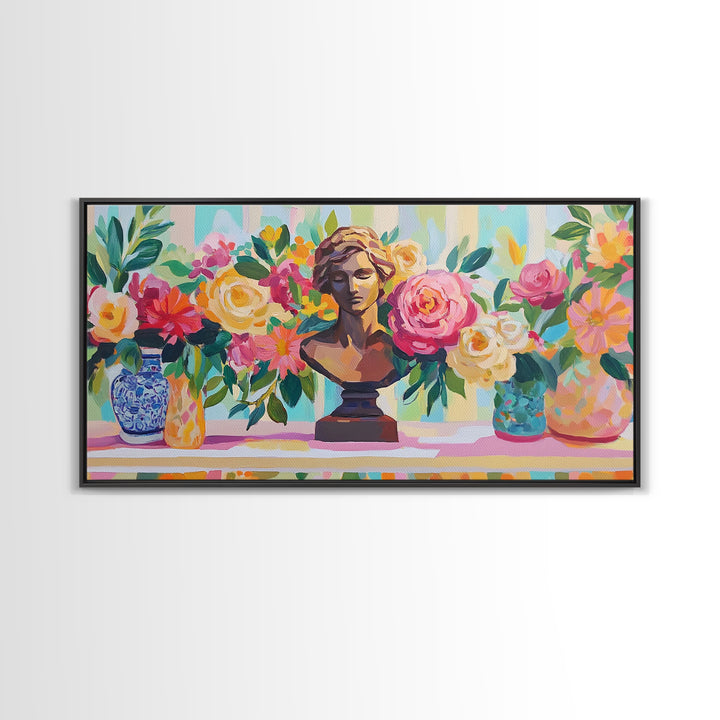 Classical Bust With Roses Framed Canvas Print, Floral Wall Art, Romantic Garden Decor, Feminine Living Room Art Gift For Her