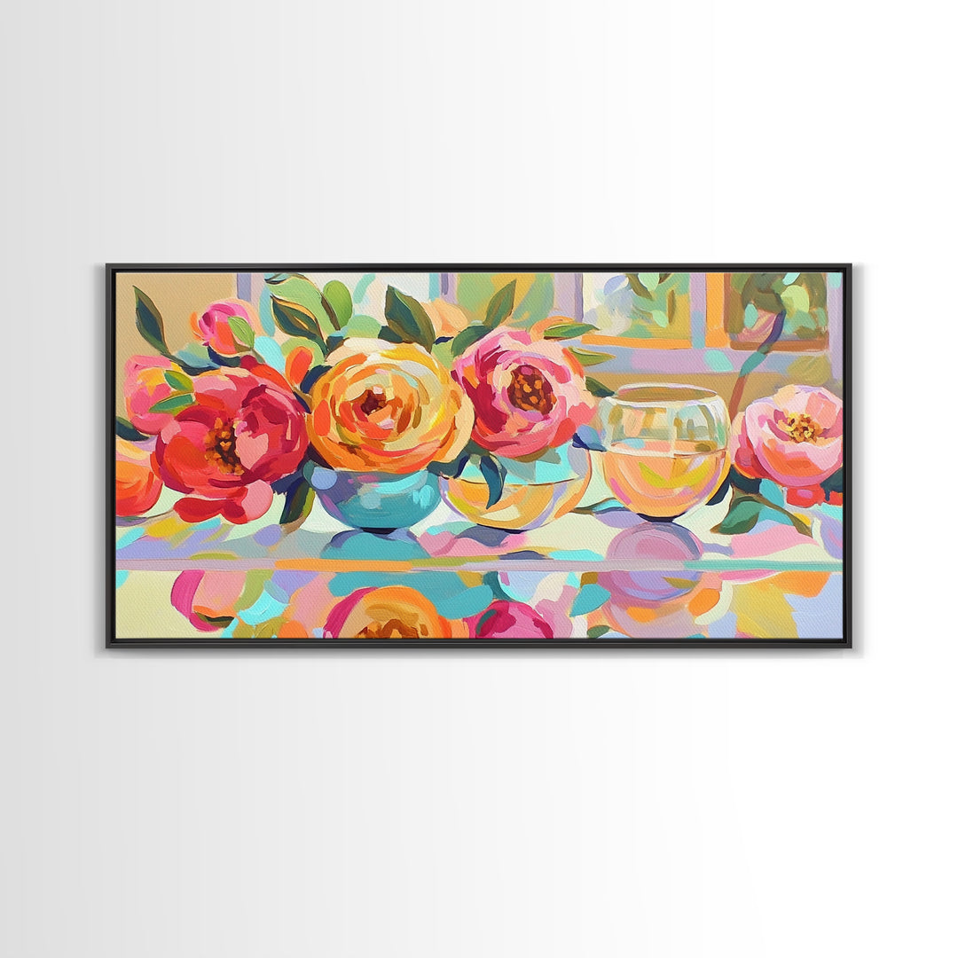 Pink Roses And White Wine Framed Canvas Print, Floral Still Life Wall Art, Romantic Kitchen Decor Gift For Her Dining Room Art