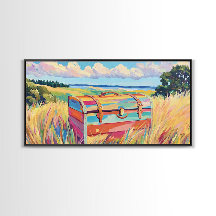 Striped Treasure Chest In Coastal Meadow Framed Canvas Print, Beach House Decor, Colorful Landscape Wall Art, Housewarming Gift