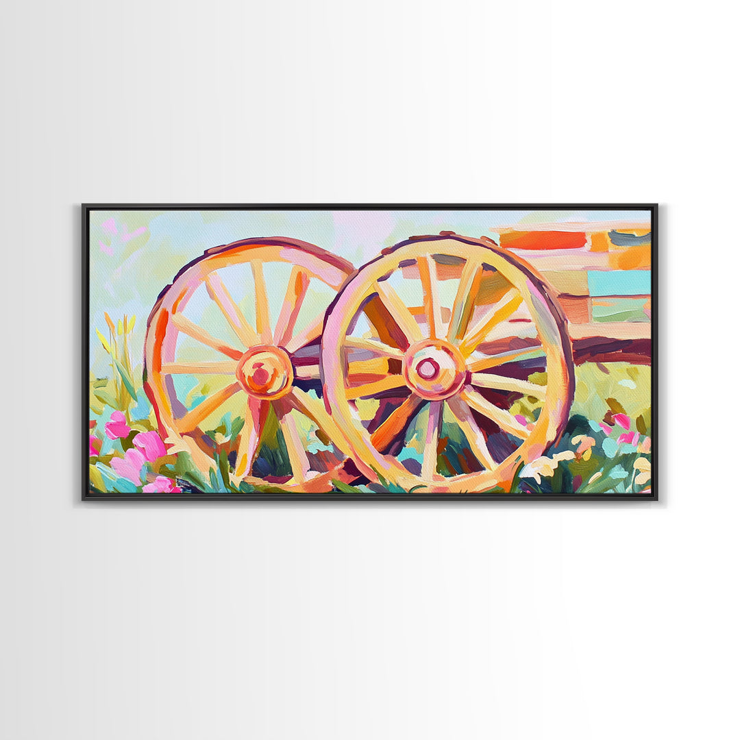 Rustic Wagon Wheels In Flower Garden Framed Canvas Print, Farmhouse Wall Art, Western Decor, Country Landscape Gift For Home