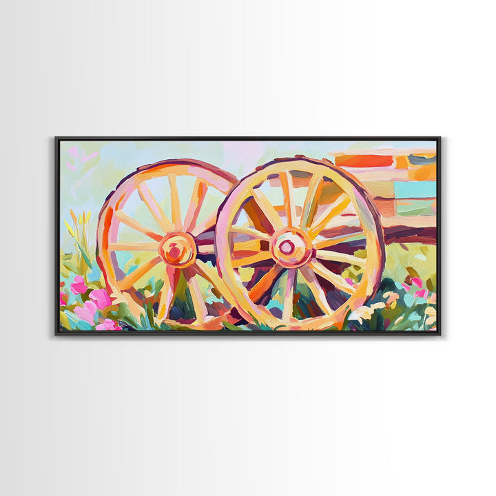 Rustic Wagon Wheels In Flower Garden Framed Canvas Print, Farmhouse Wall Art, Western Decor, Country Landscape Gift For Home