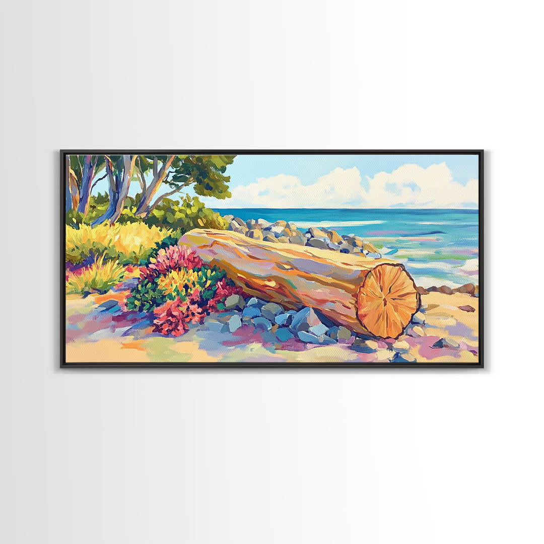 Sunlit Driftwood Beach And Turquoise Ocean Canvas Print, Coastal Wall Art, Seascape Painting, Beach House Decor Gift For Her