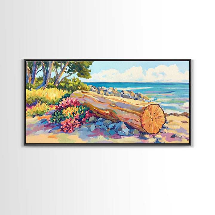 Sunlit Driftwood Beach And Turquoise Ocean Canvas Print, Coastal Wall Art, Seascape Painting, Beach House Decor Gift For Her