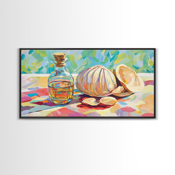 Garlic Bulb With Glass Oil Bottle And Shell Canvas Print, Kitchen Wall Art, Coastal Food Still Life Decor, Housewarming Gift