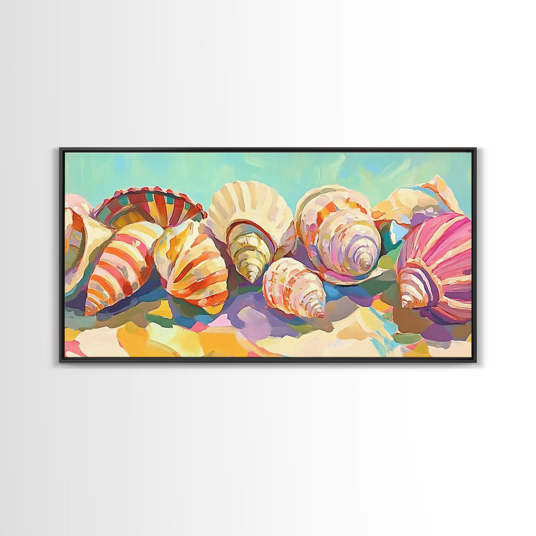 Rainbow Seashell Collection Beach Still Life Canvas Print, Coastal Wall Art, Nautical Home Decor, Colorful Beach House Gift