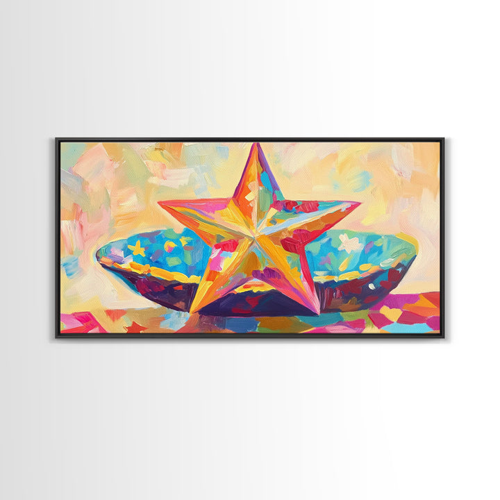 Painted Starfish And Bright Seashell Still Life Wall Art, Coastal Canvas Print, Beach House Decor, Colorful Nautical Art Gift