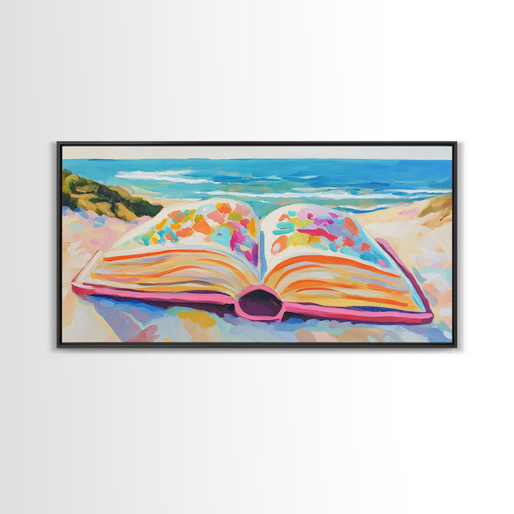 Open Book On Sunny Beach Canvas Print, Coastal Wall Art, Beach House Decor, Ocean Landscape Art, Gift For Book Lover, Living Room Decor