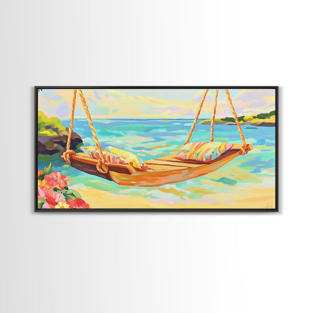 Tropical Beach Hammock Over Turquoise Water Canvas Print, Coastal Wall Art, Beach House Decor, Summer Living Room Decor Gift