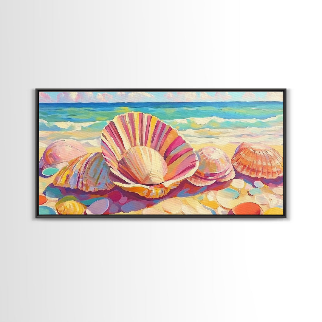 Pink Seashells On Sandy Beach Canvas Print, Coastal Wall Art, Beach House Decor, Ocean Wall Decor, Summer Gift For Her, Bathroom Decor