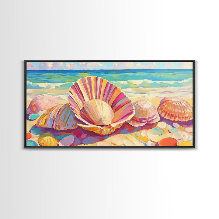 Pink Seashells On Sandy Beach Canvas Print, Coastal Wall Art, Beach House Decor, Ocean Wall Decor, Summer Gift For Her, Bathroom Decor