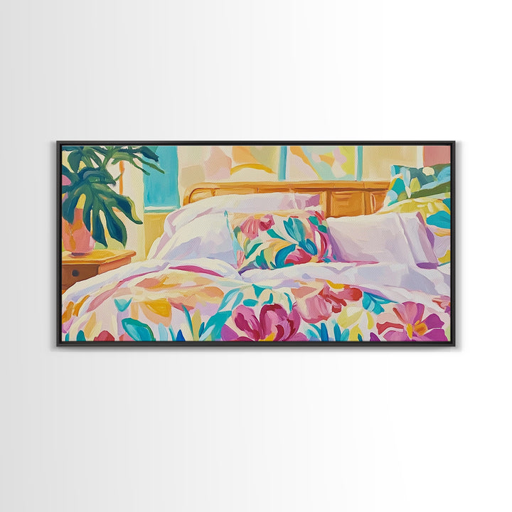 Bright Floral Bedding In Sunlit Bedroom Wall Art, Cozy Master Bedroom Decor, Tropical Canvas Print, Above Bed Gift For Her