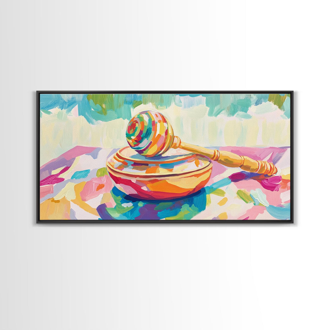 Rainbow Maraca On Painted Bowl Canvas Print, Colorful Music Room Wall Art, Whimsical Nursery Decor And Playroom Art Gift