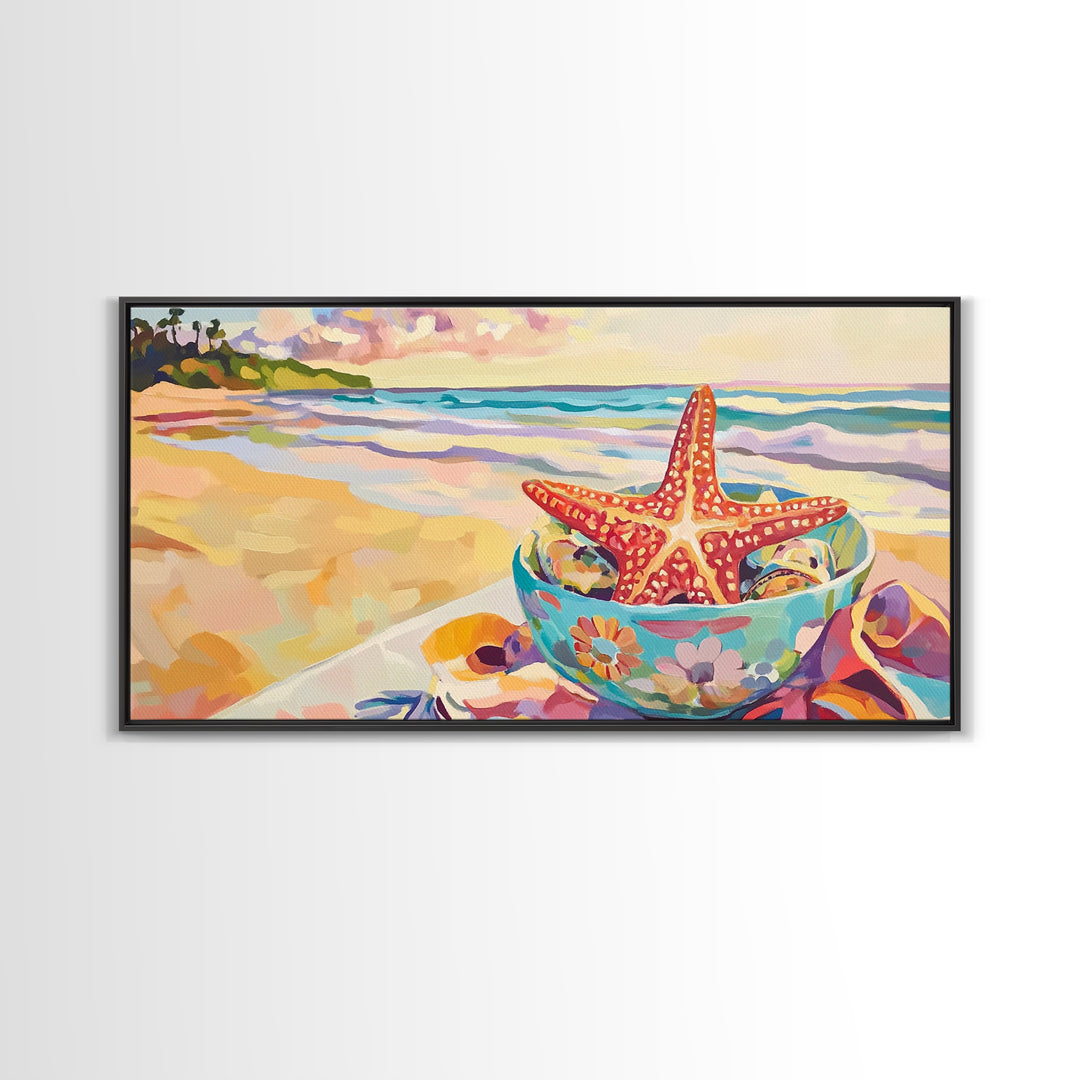Red Starfish In Floral Bowl Beach Wall Art, Coastal Canvas Print, Ocean Decor, Beach House Gift For Her, Summer Seascape