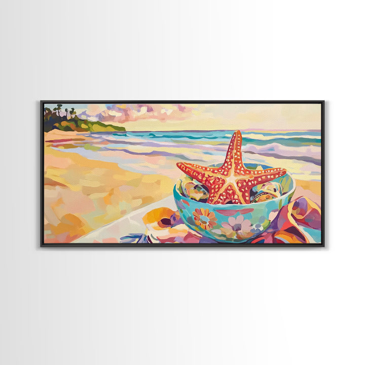 Red Starfish In Floral Bowl Beach Wall Art, Coastal Canvas Print, Ocean Decor, Beach House Gift For Her, Summer Seascape
