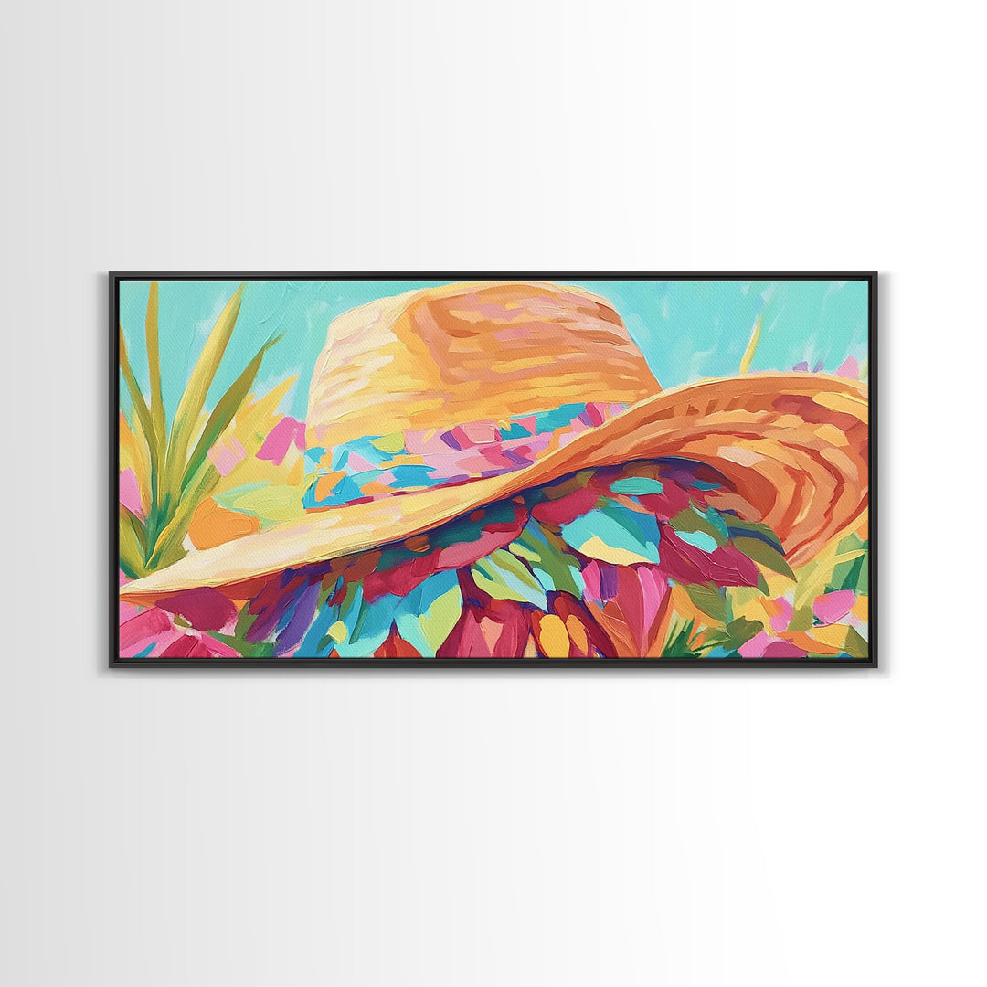 Sunlit Straw Hat With Floral Scarf Canvas Print, Coastal Cowgirl Wall Art, Summer Fashion Decor, Boho Home Decor, Gift For Her