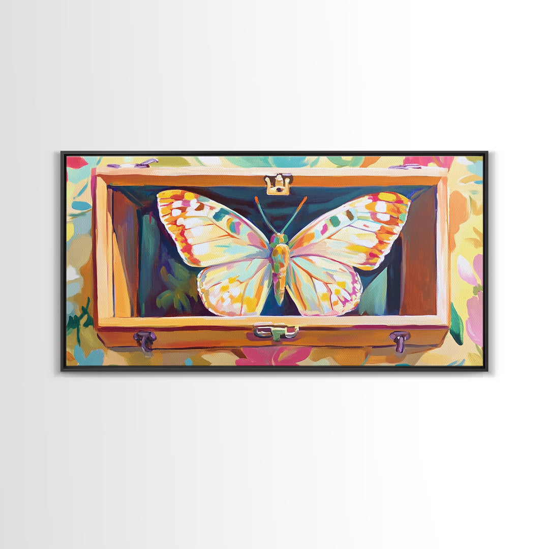White Butterfly In Wooden Case Framed Canvas Print, Whimsical Animal Wall Art, Nature Inspired Art, Colorful Home Decor Gift