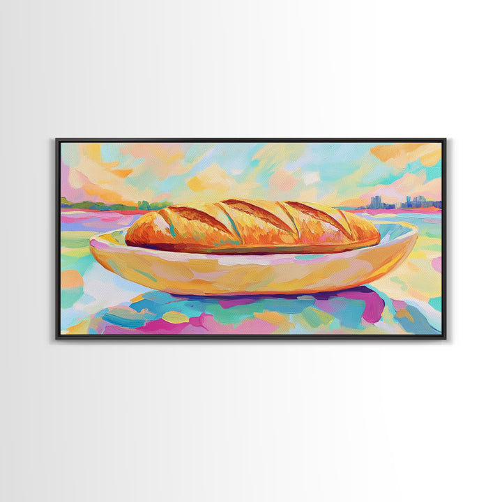 Golden Croissant On Coastal Plate Canvas Print, French Bakery Kitchen Wall Art, Beach House Decor, Cafe Poster, Food Lover Gift