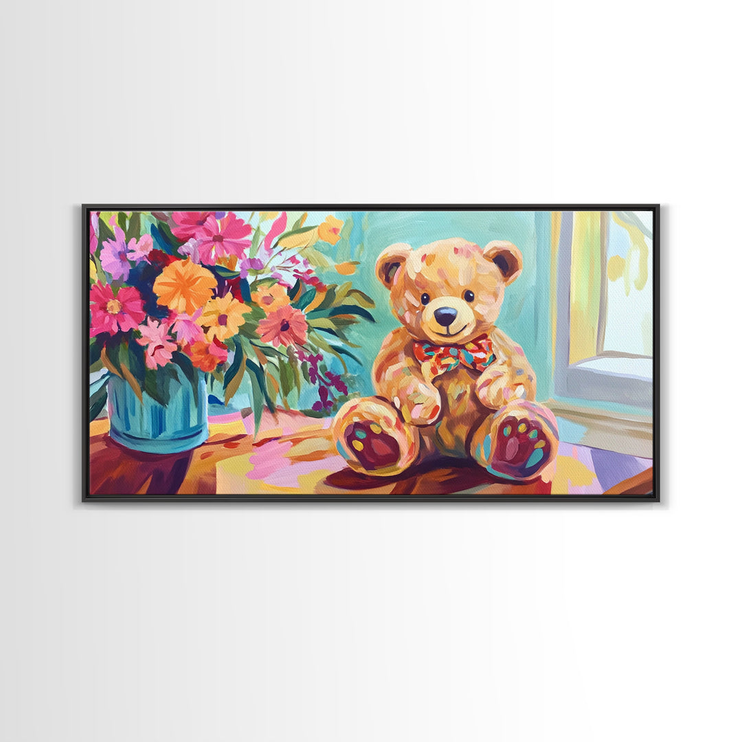 Sweet Teddy Bear With Flower Bouquet Wall Art, Colorful Nursery Decor, Kids Room Art Print, Baby Shower Housewarming Gift