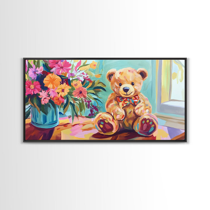 Sweet Teddy Bear With Flower Bouquet Wall Art, Colorful Nursery Decor, Kids Room Art Print, Baby Shower Housewarming Gift