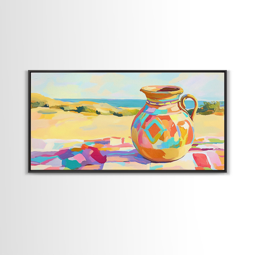 Colorful Ceramic Pitcher By Sunny Coast Framed Canvas Print, Coastal Wall Art, Mediterranean Kitchen Decor, Beach House Gift