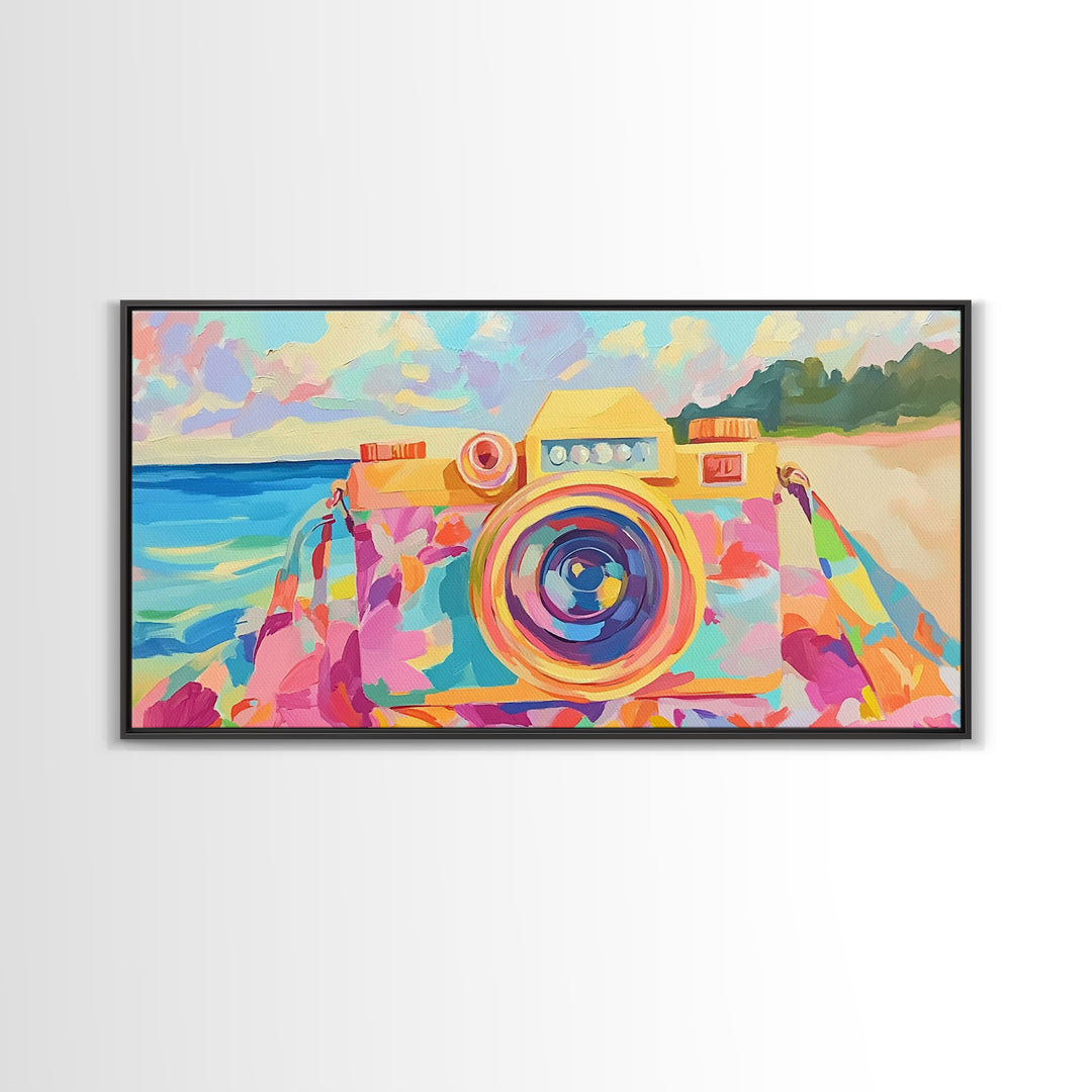 Retro Floral Camera On Sunny Beach Towel Canvas Print, Coastal Wall Art, Photography Decor, Dopamine Decor, Gift For Her