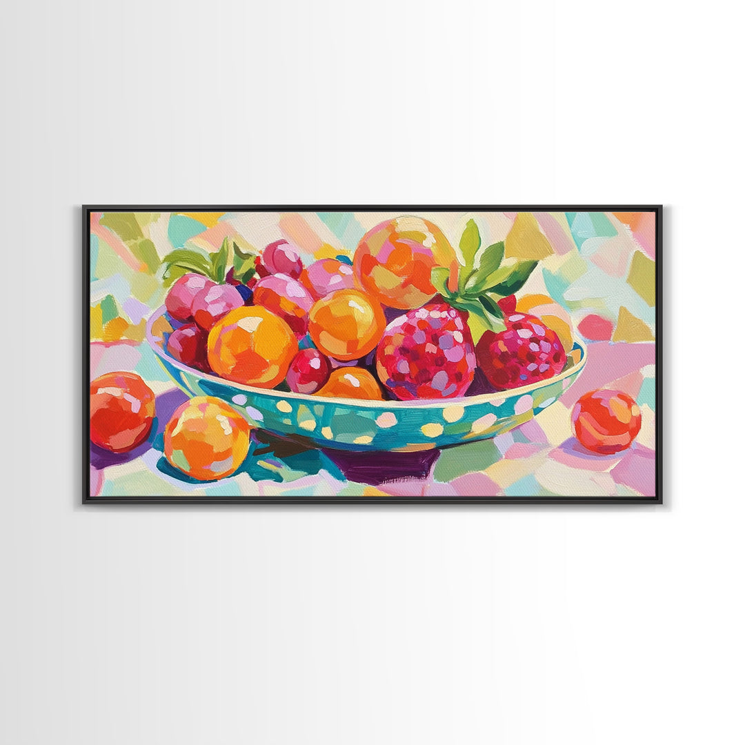 Bright Fruit Bowl With Berries Canvas Print, Colorful Kitchen Wall Art, Fruit Art Painting, Dining Room Prints, Foodie Gift